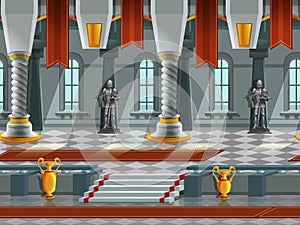 Cartoon landscape inside knight castle, vector unending background with separated layers.