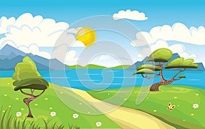 Cartoon landscape. Mountains, sea or lake, trees and dirt road. Blue sky with clouds and sun. Vector Illustration.