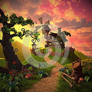 Cartoon landscape with a picture of a house and a windmill, as well as plants and wood.