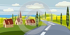 Cartoon landscape with road, higway, countryside and summer, sea, sun, trees, willage, houses. Trip, vacation, travel