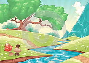 Cartoon landscape with stream