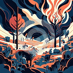 Cartoon landscape with wild animals and trees. Vector illustration in flat style Generative AI