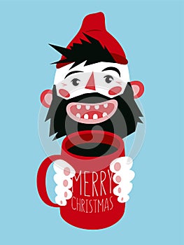 Cartoon laughing bearded man holds a mug with a hot drink in his hands. Vintage Christmas card or poster design. Retro vector illu