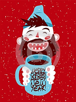 Cartoon laughing bearded man holds a mug with a hot drink in his hands. Vintage Christmas card or poster design. Retro vector illu