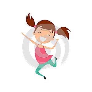 Cartoon laughing dark-haired girl  jumping. Illustration happy child in purple t-shirt and turquoise trousers.