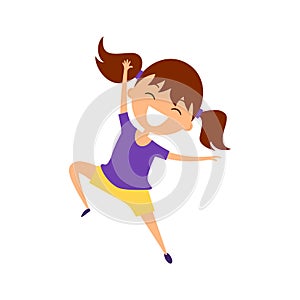 Cartoon laughing dark-haired girl  jumping. Illustration happy child in violet t-shirt and yellow shorts.