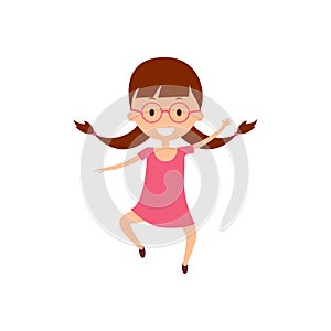 Cartoon laughing dark-haired girl with pigtails jumping. Illustration happy child in lilac dress with glasses.