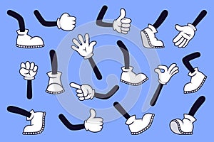 Cartoon legs and hands. Comic character gloved arm and feet in boots, retro doodle arms with different gestures, running photo