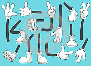 Cartoon legs and hands. Leg in boots and gloved hand, comic feet in shoes. Glove arm vector isolated illustration set