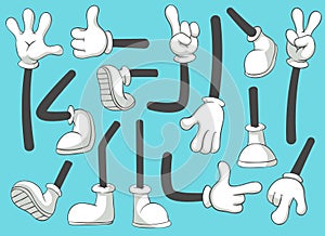 Cartoon legs and hands. Leg in boots and gloved hand, comic feet in shoes. Glove arm vector isolated illustration set