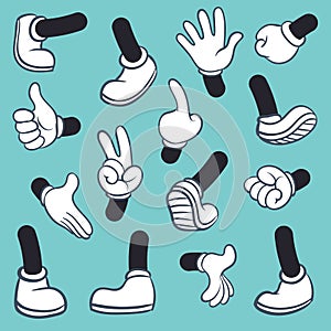 Cartoon legs hands. Leg in boots and gloved hand, gestures parts body comic feet in shoes different poses. Vector