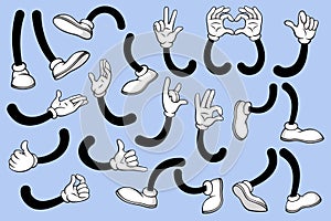 Cartoon legs and hands. Leg in white boots and gloved hand, comic feet in shoes and arm with various gestures. Vector