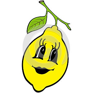 Cartoon Lemon. Happy Fruit symbol. Eco Food icon. Design element for kids coloring book, t-shirt print, label, sticker.