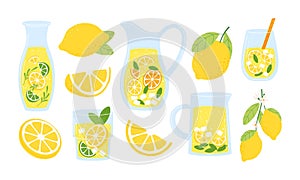 Cartoon lemonade and lemons in bottle and jar. Water with mint and lemon slice. Juice in glass and carafe, fresh summer