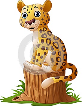 Cartoon leopard sitting on tree stump