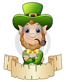 Cartoon Leprechaun with a smoking pipe and a scroll