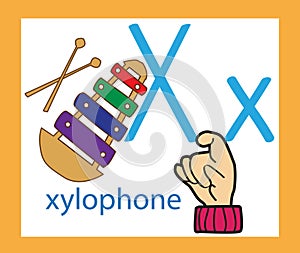 Cartoon letter X. Creative English alphabet. ABC concept. Sign language and alphabet.