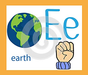 Cartoon letter E. Creative English alphabet. ABC concept. Sign language and alphabet