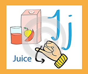 Cartoon letter J. Creative English alphabet. ABC concept. Sign language and alphabet.