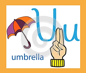 Cartoon letter U. Creative English alphabet. ABC concept. Sign language and alphabet.