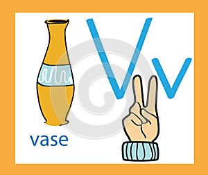 Cartoon letter V. Creative English alphabet. ABC concept. Sign language and alphabet.