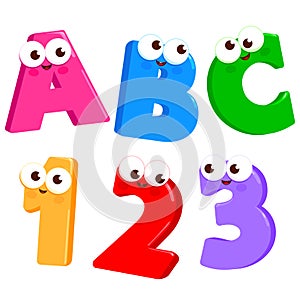 Cartoon letters and numbers. Cute letter and number characters in kindergarten class. Vector illustration