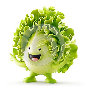 Cartoon lettuce character with a big grin and wavy leaves