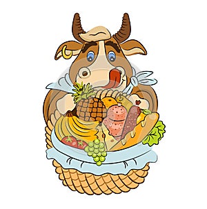 Cartoon licking bull with a basket of groceries. Vector illustration of funny animal. Symbol of 2021. Isolated on white.