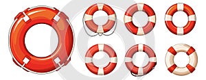 Cartoon lifebuoy set. Red and white lifebuoys icons isolated on white. Nautical safety, safe live on sea or ocean