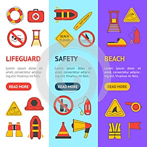 Cartoon Lifeguard Banner Vecrtical Set. Vector