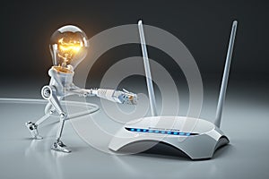 Cartoon light bulb robot attaches LAN cable to Wi-Fi router. Int