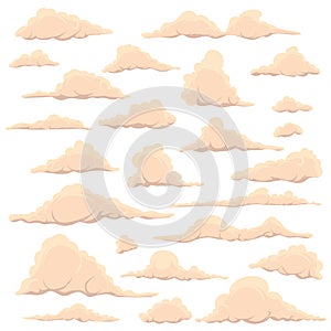 Cartoon light clouds on a white sky background. Set of funny cartoon clouds, smoke and fog patterns icons, for