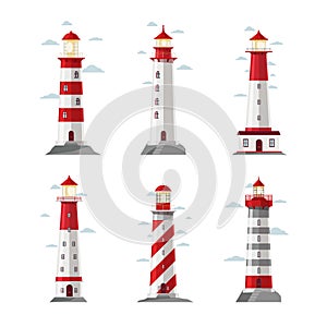 Cartoon lighthouse icons. Vector beacon or pharos set for sea security illustration