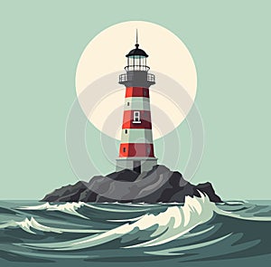 Cartoon lighthouse in ocean on stones rock. Lonely and freedom metaphor, working pharos and waves. Abstract nautical