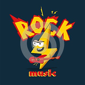 Cartoon lightning playing on the guitar. Caption ` Rock music`