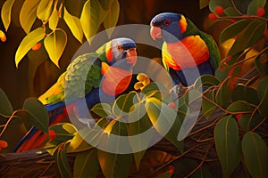 Cartoon like image of two rainbow lorikeets sitting in a tree
