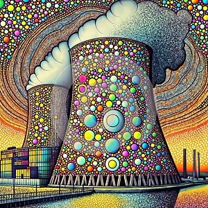 Cartoon-like nuclear plant with multicolored dots, buildings, and people., generative ai
