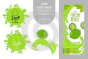 Cartoon lime on juice splash. Fresh citrus juice pack with Organic labels tags and green leaves.