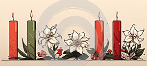 Cartoon line art of Christmas candles and flowers. Christmas holidays banner Horizontal illustration. For banners, posters, gift