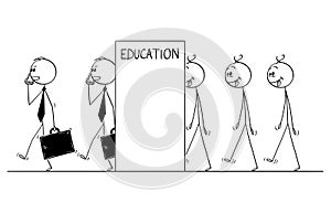 Cartoon of Line of Dull Men Transforming in to Businessmen, Concept of Education