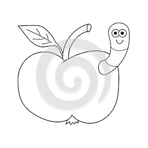 Cartoon linear doodle retro worm apple isolated on white background.