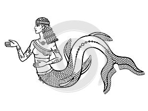Cartoon linear drawing: beautiful woman, ancient mystical mermaid.