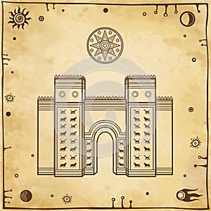 Cartoon linear drawing: Ishtar Gate. Ancient sacred temple. Portrait of goddess, phase of the moon.Cartoon linear drawing: Ishtar