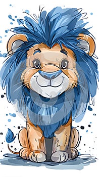 Cartoon lion with a blue mane smiling, sitting down in a happy gesture