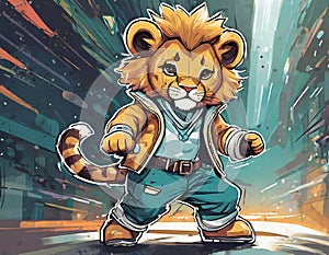 Cartoon lion boy performing street dance moves