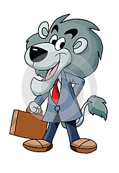 Cartoon lion businessman carrying a brown briefcase vector illustration