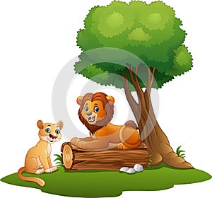 Cartoon lion couple in the jungle