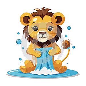 Cartoon lion cub bathing