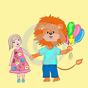 Cartoon lion cub and girl celebrate the holiday