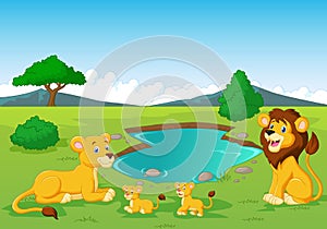 Cartoon lion family near watering hole